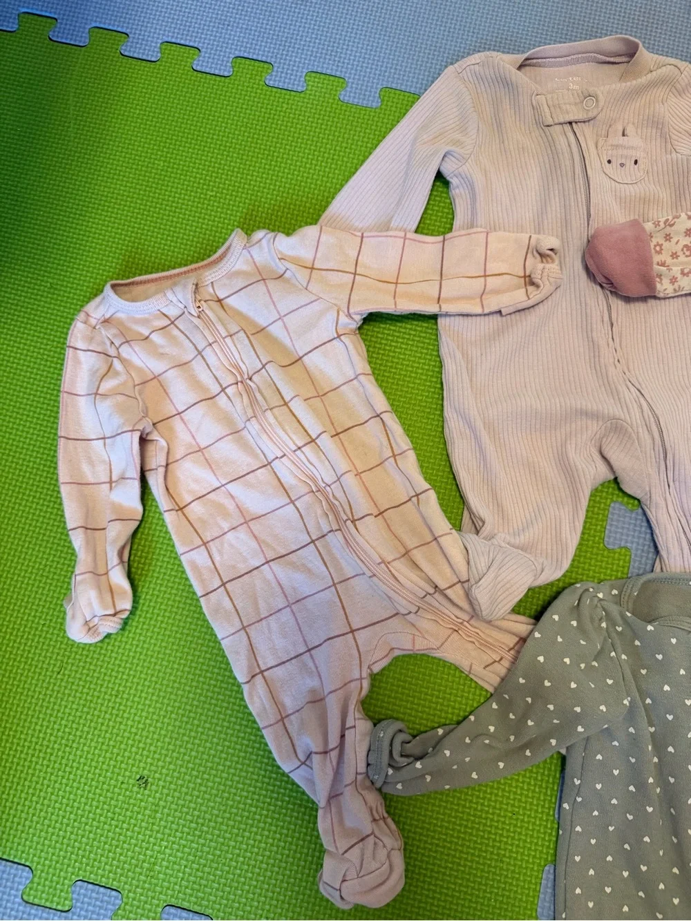Mixed Girls Footie Sleepers in Pink and Green - Set of 5
